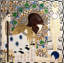 Pallas Athene (panneau de mosaïque en porcelaine, verre, nacre et bronze)