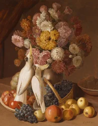 Nature morte florale avec des fruits et des calopsittes