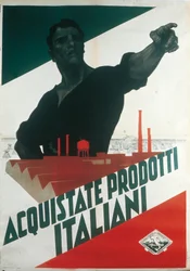 Achetez des produits italiens, affiche de propagande fasciste pendant l
