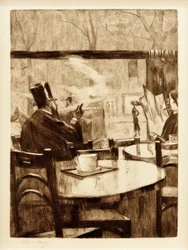 Homme avec chapeau haut de forme devant une fenêtre de café - Vue de dos