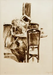 Dame écrivant avec chapeau et boa au café