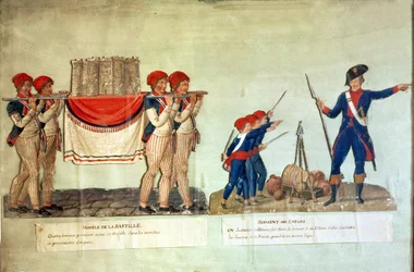 Portage de la maquette de la Bastille et soldat faisant la leçon aux enfants, vers 1790 (gouache sur papier)