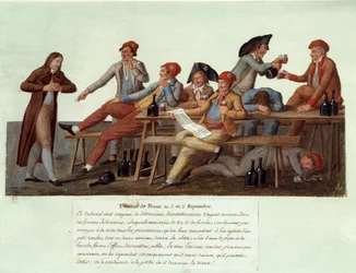 Révolution française de 1789 : « Un tribunal de prison les 2 et 3 septembre ». Représentation satirique d