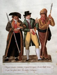 Révolution française : citoyen suspect arrêté à cause de son habit vert. Gouache des frères Lesueur (18ème siècle). Musée Carnavalet, Paris