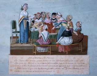 Réunion du club des femmes patriotes, par Jean-Baptiste Lesueur, estampe colorée, France, Révolution française