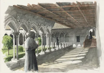 Reconstruction du cloître du prieuré de Lanercost (aquarelle sur papier)