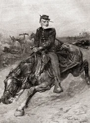 Un messager à cheval pendant la guerre civile américaine, du Century Magazine, publié en 1887 (gravure)
