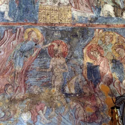 Baptême de Jésus, fresque dans une église à Alikampos, Crète, Grèce