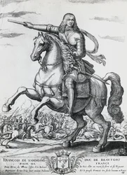 Portrait équestre de François de Bourbon-Vendôme (1616-1669), deuxième duc de Beaufort et général français, gravure de Nicolas de La Fage