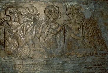 Invités étrangers présentant des cadeaux à la reine Néfertiti, bas-relief de la tombe de Méryrê, Nécropole de Tell el-Amarna, Égypte, civilisation égyptienne, Nouvel Empire, XVIIIe dynastie
