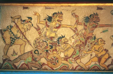 Fresques représentant des scènes de batailles entre dieux et démons, pavillon Kertha Gosa, Palais de Klungkung (Puri Agung Semarapura), Semarapura, Bali, Indonésie
