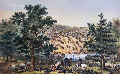 Retraite de George Brinton McClellan, gué de Bear Creek, Armée du Potomac, juillet 1862, dessin de John Badger Bachelder, gravure de Bufford, guerre de Sécession, USA