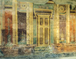 Italie, Campanie, Oplontis, Villa romaine de Poppée, Grande Salle, Fresque avec colonnes en Second Style Pompéien