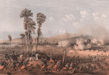 Le roi Vittorio Emanuele II menant les troupes pendant la bataille de Palestro, Lombardie