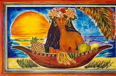 Vitrail représentant une femme polynésienne, île de Moorea, Îles de la Société, Polynésie française (détail)