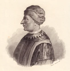 Portrait du chef militaire italien Can Francesco della Scala, également connu sous le nom de Cangrande Ier (1291-1329), gravure sur cuivre par Eugenio Silvestri