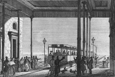 Train quittant la gare de Venezia Santa Lucia, Venise, Italie, gravure