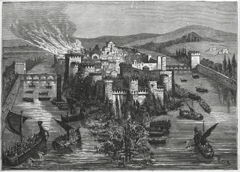 Les Vikings assiégeant Paris en 845 (gravure)