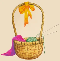 Panier en osier contenant une pelote de laine, des aiguilles et du tricot, dessin