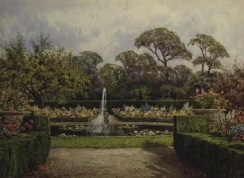 Le jardin du bassin aux nénuphars avec un bassin circulaire et une fontaine de chérubin