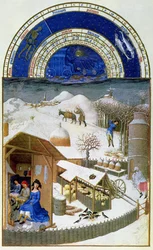 Fac-similé de février : scène de cour de ferme avec des paysans, copiée des «Très Riches Heures du Duc de Berry» (pour l