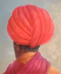 Turban rouge, veste jaune