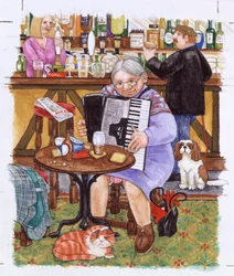 Grand-mère, un chat et un accordéon (aquarelle sur papier)