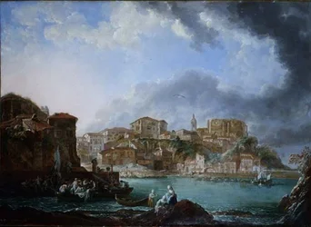 Vue du port avec des figures dans des bateaux
