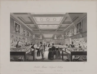 Vue de la galerie zoologique du British Museum montrant des visiteurs regardant des expositions, vers 1850 (gravure)