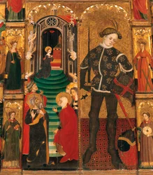 Période gothique. Retable de la Vierge et de saint Georges (Sant Jordi), de Lluis Borrassa (1360-1426). Peinture sur bois. Œuvre réalisée à Barcelone vers 1390-1400. Détail, Présentation de Marie dans le Temple et Saint Georges (Sant Jordi / San Jorge) en 