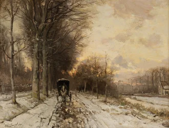 Une charrette tirée par des chevaux sur un chemin enneigé (huile sur panneau)