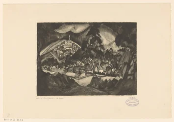Paysage vallonné avec arbres et bâtiments