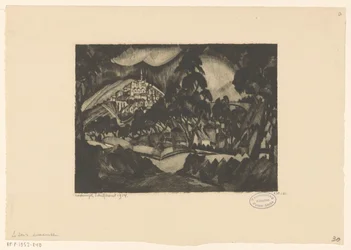 Paysage vallonné avec arbres et bâtiments