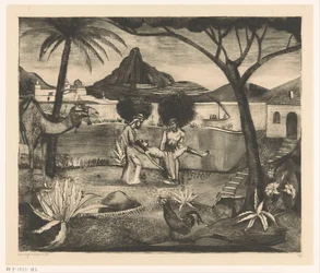 Deux hommes portant un homme dans un jardin