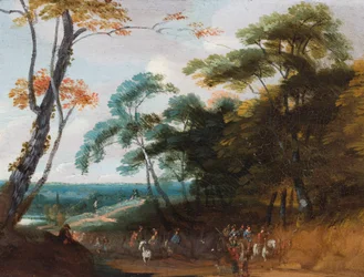 Voyageurs dans un paysage boisé (huile sur panneau)