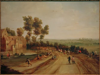 Paysage avec paysans dansant et se reposant