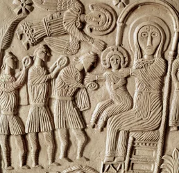 Archéologie du Moyen Âge. Art barbare de Lombardie : adoration des Mages, bas-relief de l