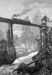 Dessin de Leon Benett, du livre de Jules Verne « Les 500 millions de la Bégum » - édition Hetzel/Voyages Extraordinaires 1879. Train à vapeur passant sur un pont audacieux, dans un paysage de montagne avec torrent