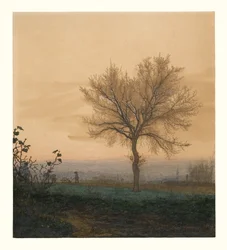 Paysage avec un arbre dénudé et un laboureur