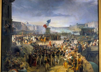 La Garde nationale de Paris, assemblée sur le Pont Neuf, part pour l