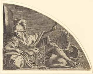 Mars assis sur des trophées
