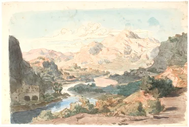 Paysage de montagne italien avec rivière et bâtiment à gauche