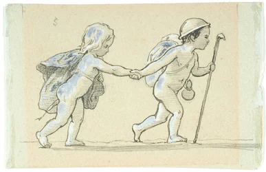 Vignette avec garçon et fille marchant main dans la main
