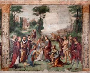 Vie de Sainte Cécile : la Sainte donne ses biens aux pauvres (fresque)