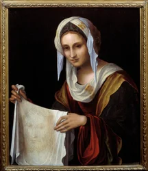 Sainte Véronique. Le Saint Voile représente le visage du Christ, dont Véronique aurait essuyé la sueur lors de la montée au Calvaire. Peinture de Lorenzo Costa (1460-1535). Dimensions : 0,64 x 0,54 m.
