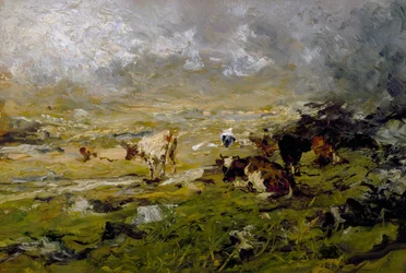 Paysage de montagne avec vaches paissant