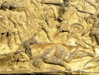 David et Goliath, détail du panneau original des portes Est du baptistère, 1425-52 (post restauration)