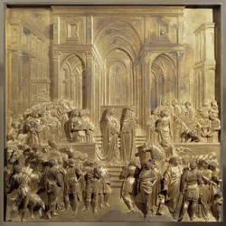 La rencontre du roi Salomon et de la reine de Saba. Panneau original de la porte du Paradis