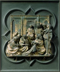 Porte Nord (appelée Porte de la Croix, au Nord), détail extérieur : Jésus parmi les docteurs. Sculpture en bronze réalisée par Lorenzo Ghiberti (1378-1455)