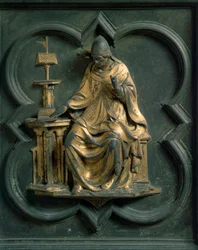 Porte Nord (appelée Porte de la Croix, nord), détail extérieur : Saint Grégoire le Grand. Sculpture en bronze réalisée par Lorenzo Ghiberti (1378-1455)